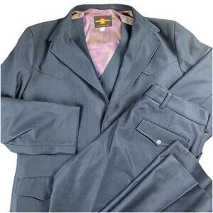 Vintage Niver Western Wear 70s 80s 3 Piece Suit 44R Blue USA Made Leisure Cowboy